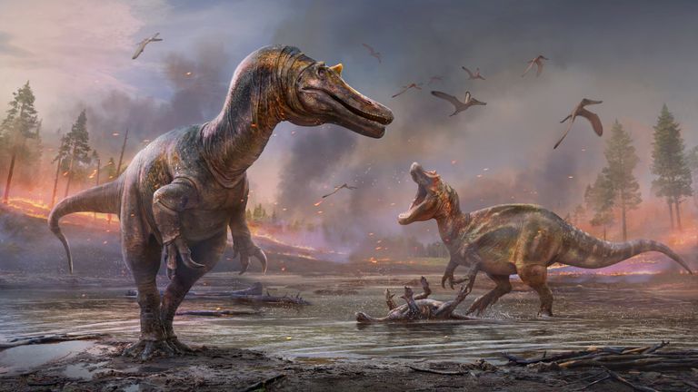 Artists impressions of the Spinosaurids. Ceratosuchops inferodios in the foreground, Riparovenator milnerae in the background.

