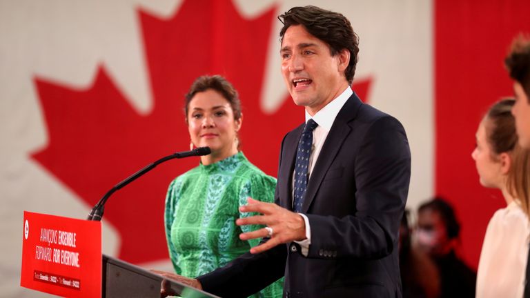 Justin Trudeau, accompanied by his wife Sophie Grégoire, greets supporters on election night in Montreal, Quebec, Canada