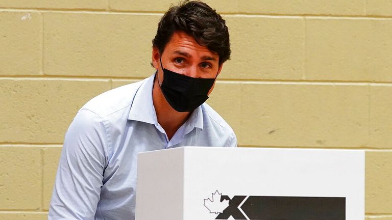 Liberal leader Justin Trudeau pictured voting in Montreal, Quebec on Monday