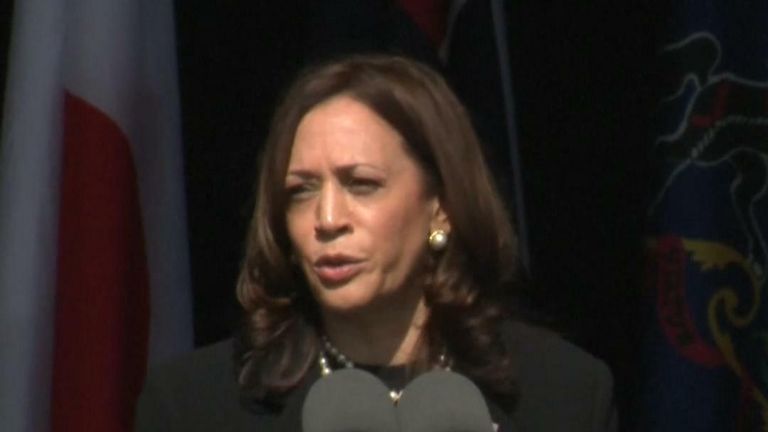 Vice president Kamala Harris addresses a crowd in Shanksville, Pennsylvania, where passengers on board Flight 93 tried to regain control of the plane from hijackers, resulting in it crashing into a field