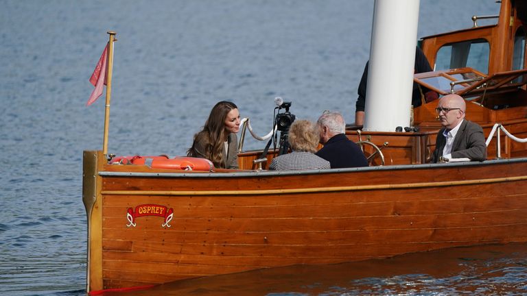 The Duchess of Cambridge travels in the steam launch Osprey on Windermere from Wray Castle, ahead of a meeting with relatives of the Windermere Children to learn about how their loved ones&#39; time in Cumbria recuperating after World War Two helped them to go on to build successful lives in the UK. Picture date: Tuesday September 21, 2021.