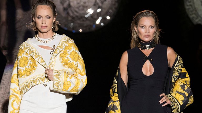 Moss (right) modelling the Versace by Fendi collection in Milan on 26 September 2021