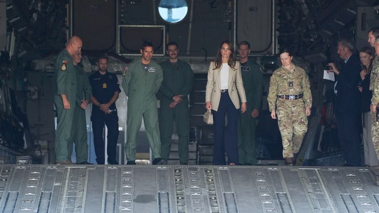 The Duchess of Cambridge during a visit to RAF Brize Norton, near Oxford, to meet military personnel and civilians who helped evacuate Afghans from their country. Picture date: Wednesday September 15, 2021.
 Steve Parsons/PA Wire/PA Images