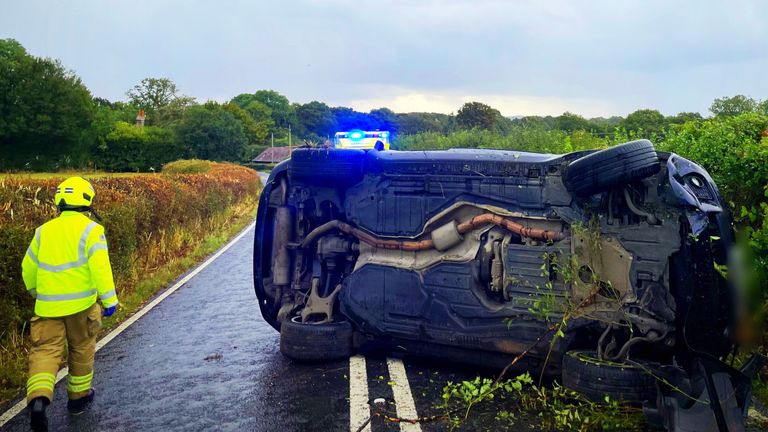 Image taken with consent from PC Tom Van Der Wee's Twitter feed showing the aftermath of a collision with a vehicle on a B2135 near Partridge Green.  Katie Price's family said they were interested "in a period of time" about the TV personality's mental health after she was allegedly involved in a car crash.  Release date: Wednesday, September 29, 2021.