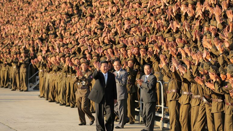 Kim Jong Un greets military members on the 73rd anniversary of the country&#39;s founding, in Pyongyang on 9 September