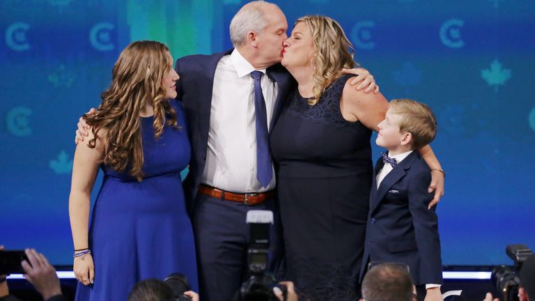 Conservative party leader Erin O&#39;Toole along with wife Rebecca and children Jack and Mollie during the election night party, in Oshawa