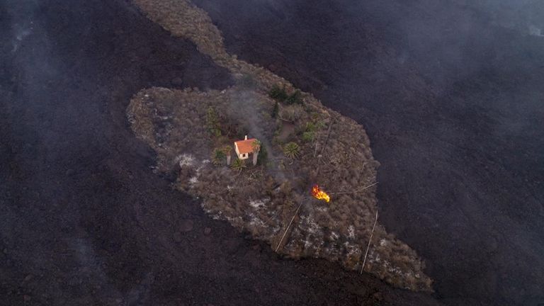 Drone video shows &#39;miracle house&#39; escaping lava on Spain&#39;s La Palma