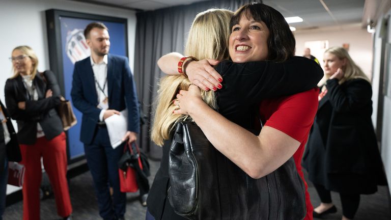 Shadow Chancellor of the Exchequer, Rachel Reeves (right) is congratulated by her sister Ellie Reeves after she addressed the Labour Party conference in Brighton. Picture date:  