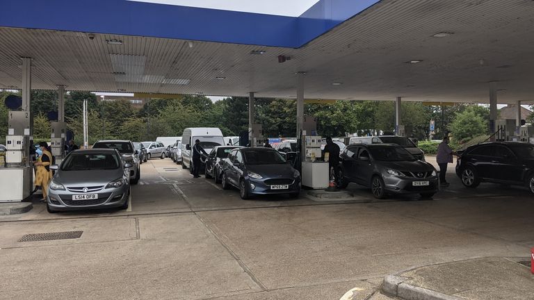 Long queues at petrol station in west London