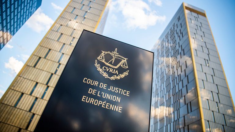 15 June 2019, Luxembourg, Luxemburg: The picture shows a sign in front of the office towers of the European Court of Justice with the inscription "Cour de Justice de l&#39;union Europ&#39;ene" in the Europaviertel on the Kirchberg. Photo by: Arne Immanuel B&#39;nsch/picture-alliance/dpa/AP Images


