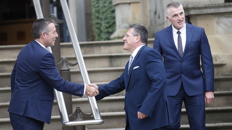 Mr Sefcovic was greeted warmly by First Minister Paul Givan (L) despite his party not agreeing with him