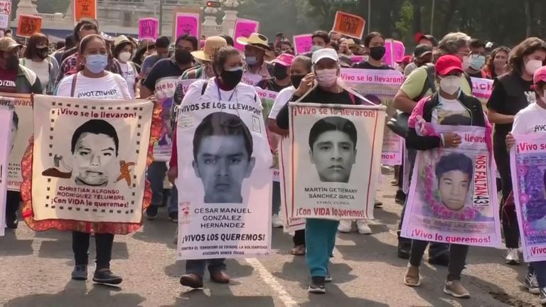  Demonstrators marched in Mexico City on Sunday to mark the seven-year anniversary of the disappearance of 43 student teachers.