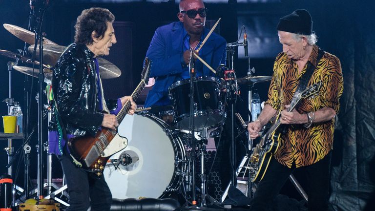 Ronnie Wood, from left, Steve Jordan and Keith Richards of The Rolling Stones performs during the "No Filter" tour at The Dome at America&#39;s Center on Sunday, Sept. 26, 2021
PIC:AP