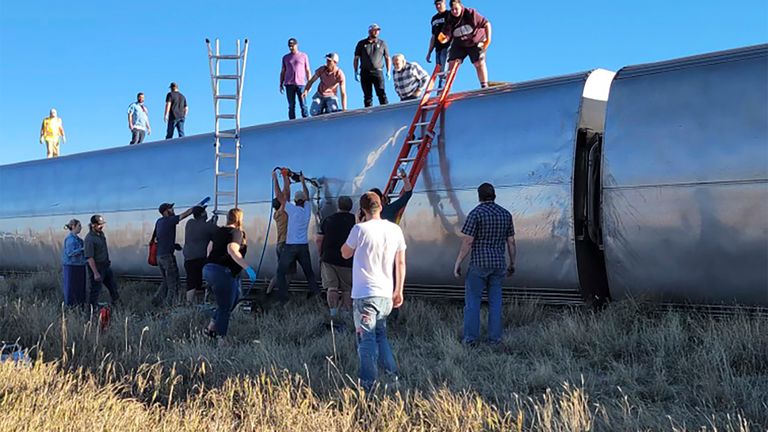 This photo provided by Kimberly Fossen shows an Amtrak train that was derailed in north-central Montana. Pic: Kimberly Fossen via AP