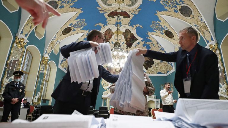 Members of a local election commission counting ballots at Kazansky railway station in Moscow 