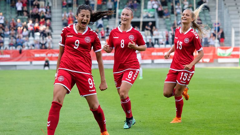 Nadia Nadim celebrates scoring for Denmark in a World Cup  qualifier in 2019 Pic: AP