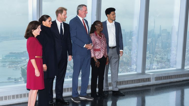 Mayor of New York of (left to right) Governor Kathy Hochul, the Duke and Duchess of Sussex, Mayor Bill de Blasio, First Lady Chirlane McCray and Dante de Blasio during a visit to the One World Observatory in New York.
Pic:Office of the Mayor of New York