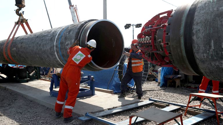 Workers at the construction site of the Nord Stream 2 gas pipeline