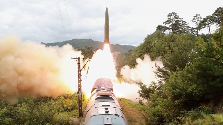 A missile is seen launched during a drill of the Railway Mobile Missile Regiment in North Korea, in this image supplied by North Korea&#39;s Korean Central News Agency on September 16, 2021. Pic: KCNA