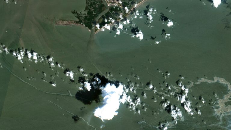 An aerial image shows the oil spill south of Port Fourchon, Louisiana. Pic: AP/ Maxar