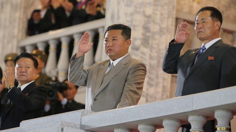 North Korea leader Kim Jong Un (C) attends a paramilitary parade held to mark the 73rd founding anniversary of the republic at Kim Il Sung square in Pyongyang in this undated image supplied by North Korea&#39;s Korean Central News Agency on September 9, 2021. KCNA via REUTERS