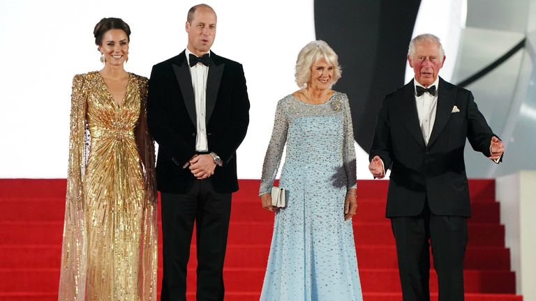 (left to right) The Duke of Cambridge, the Duchess of Cambridge, the Duchess of Cornwall and the Prince of Wales attending the World Premiere of No Time To Die, held at the Royal Albert Hall in London. Picture date: Tuesday September 28, 2021.