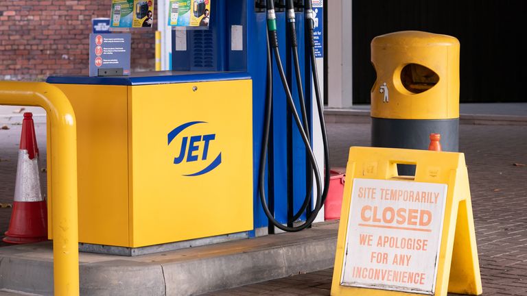 A closed sign on the forecourt of a petrol station in Leeds