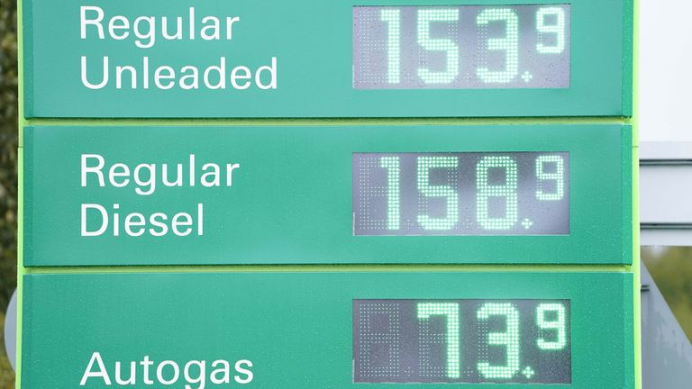 Fuel prices at a BP service station in Wetherby near Leeds.  