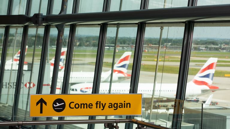 EDITORIAL USE ONLY New ???COME FLY AGAIN??? signage is unveiled at London???s Heathrow Airport to celebrate the safe reopening of international travel and mark its 75th anniversary. Issue date: Thursday July 29, 2021.
