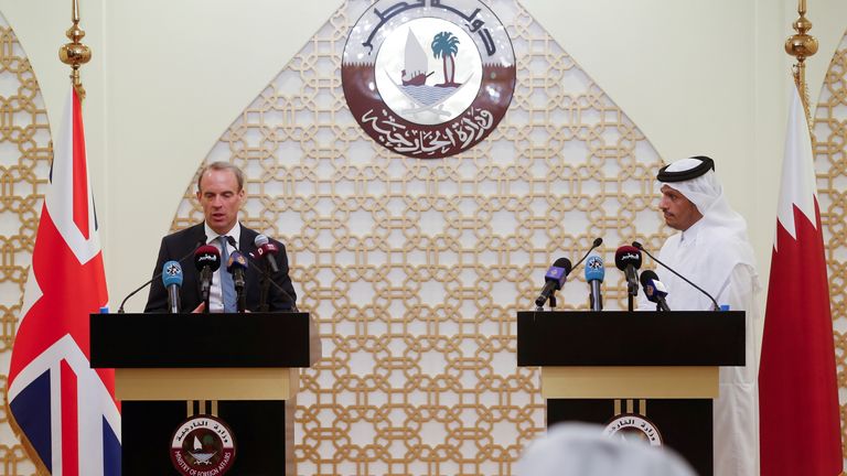 Qatari Foreign Minister Sheikh Mohammed meets British Foreign Secretary Raab in Doha