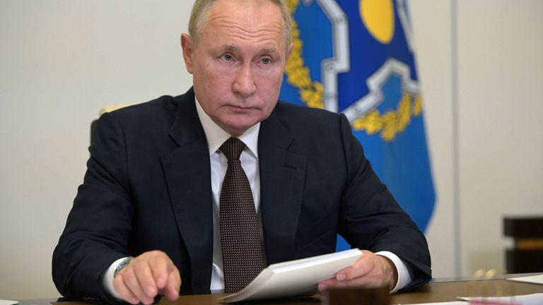 Mr Putin pictured during a video meeting on security on 16 September