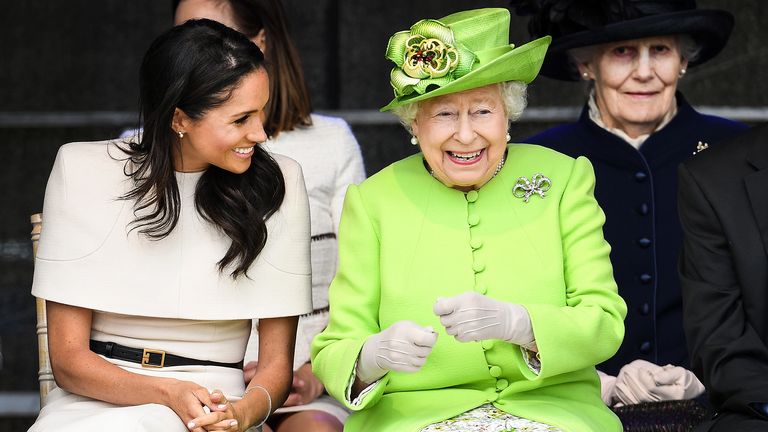 2018
 Queen Elizabeth II sits and laughs with Meghan, Duchess of Sussex during a ceremony to open the new Mersey Gateway Bridge on June 14, 2018 in the town of Widnes in Halton, Cheshire, England. Meghan Markle married Prince Harry last month to become The Duchess of Sussex and this is her first engagement with the Queen. During the visit the pair will open a road bridge in Widnes and visit The Storyhouse and Town Hall in Chester.  (Photo by Jeff J Mitchell/Getty Images)