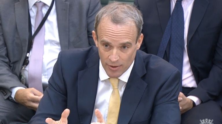 Foreign Secratary Dominic Raab giving evidence to the Commons Foreign Affairs Committee in London, about the Government&#39;s handling of the Afghanistan crisis