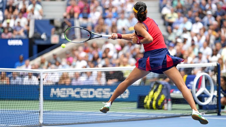 Emma Raducanu hits a forehand during the Women&#39;s Singles championship match at the 2021 US Open, Saturday, Sep. 11, 2021 in Flushing, NY. (Darren Carroll/USTA via AP)


