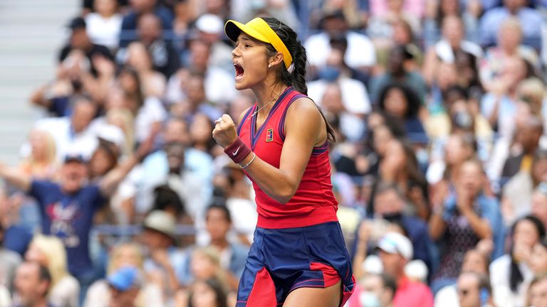 Emma Raducanu reacts during the Women&#39;s Singles championship match at the 2021 US Open, Saturday, Sep. 11, 2021 in Flushing, NY. Pic: AP