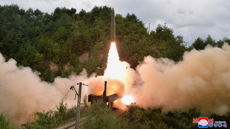 A missile is seen launched during a drill of the Railway Mobile Missile Regiment in North Korea, in this image supplied by North Korea&#39;s Korean Central News Agency on September 16, 2021. Pic: KCNA