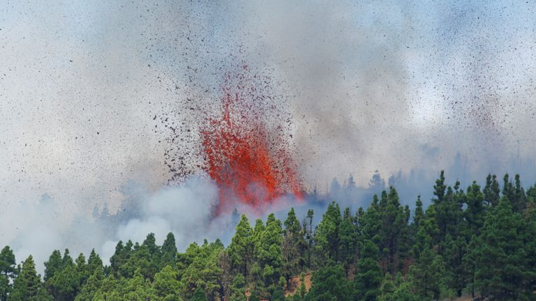 Lava spews from the Cumbre Vieja volcano in La Palma, Spain