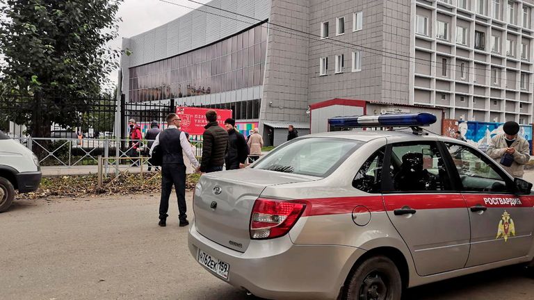 A car of Russia&#39;s National Guard is seen at the scene after a gunman opened fire at the Perm State University in Perm, Russia September 20, 2021. REUTERS/Anna Vikhareva NO RESALES. NO ARCHIVES