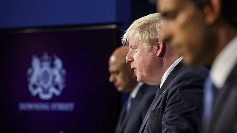 07/09/2021. London, United Kingdom. Boris Johnson, Rishi Sunak and Sajid Javid Press Conference . The Prime Minister Boris Johnson chairs press conference in No9 Downing Street with Chancellor of the Exchequer Rishi Sunak and the Health Secretary Sajid Javid on the day the new health and social care reforms announced. Picture by Andrew Parsons / No 10 Downing Street

