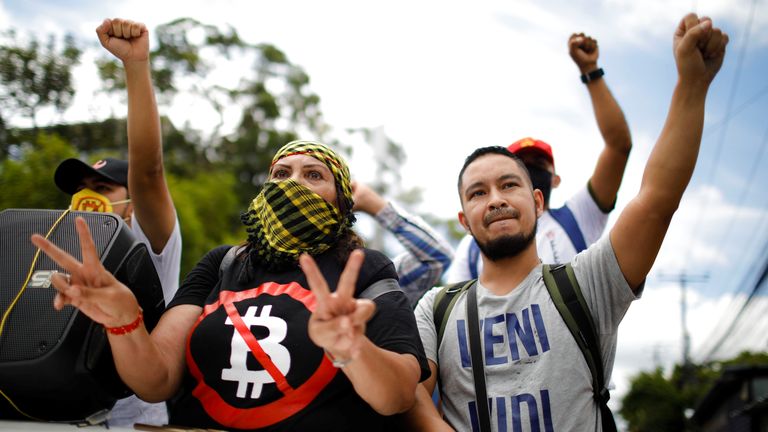 Union members take part in a protest against the use of Bitcoin as legal tender in San Salvador, El Salvador, September 1, 2021. REUTERS/Jose Cabezas 