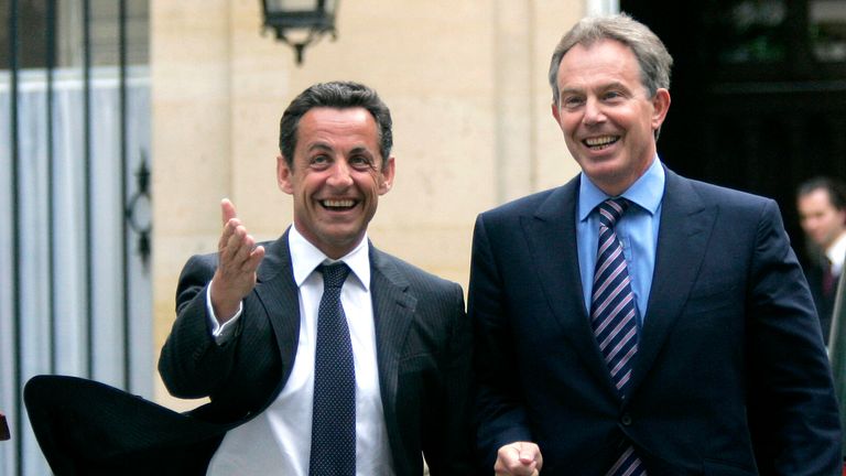 Sarkozy jokes with then British prime minister Tony Blair in 2007