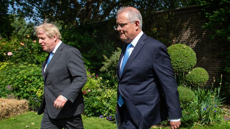 Boris Johnson and Scott Morrison in the garden of 10 Downing Street in June