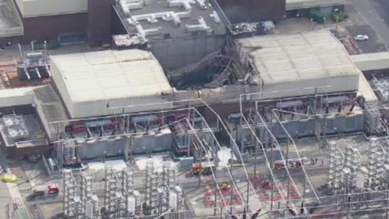 An aerial photo shows the damage after the electricity interconnector fire at Sellindge in Kent