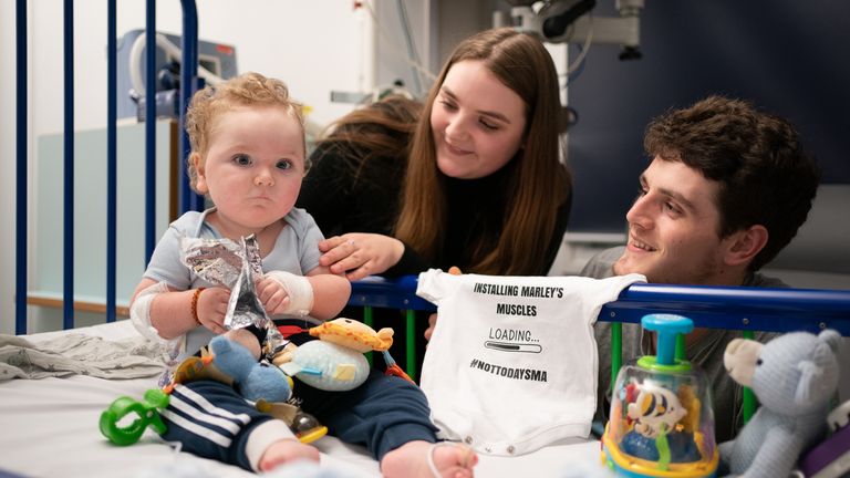 Rosie-Mae Walton and Wes Powell with their son Marley as he recovers at Sheffield Children&#39;s Hospital having received the "most expensive drug in the world", the genetic treatment Zolgensma. Picture date: Wednesday September 15, 2021.