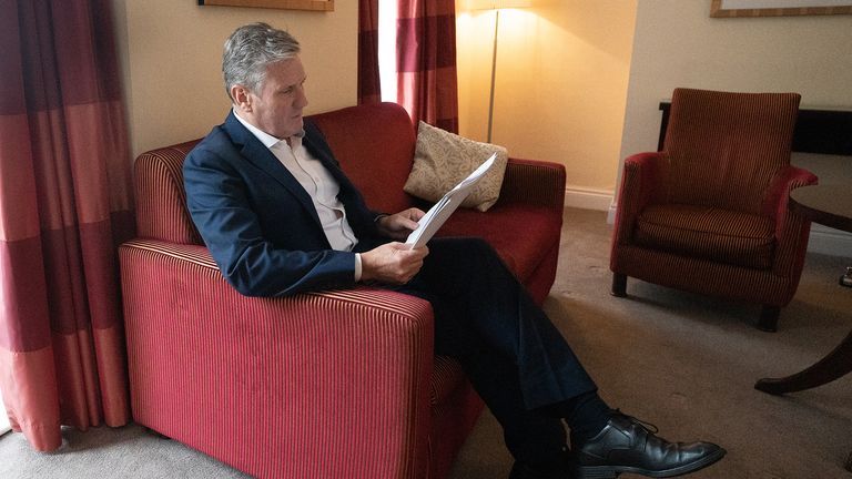Labour leader, Sir Keir Starmer prepares his Labour Party conference speech in his hotel room in Brighton before addressing delegates tomorrow for the first time since becoming leader of his party in 2020. Picture date: Tuesday September 28, 2021.
