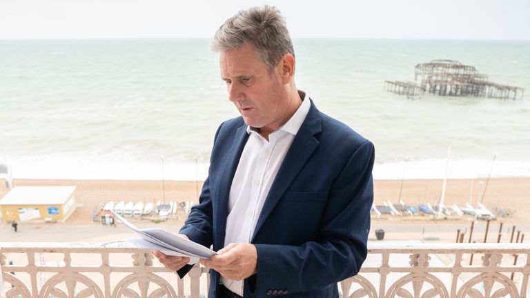 Labour leader, Sir Keir Starmer prepares his Labour Party conference speech in his hotel room in Brighton before addressing delegates tomorrow for the first time since becoming leader of his party in 2020. Picture date: Tuesday September 28, 2021.