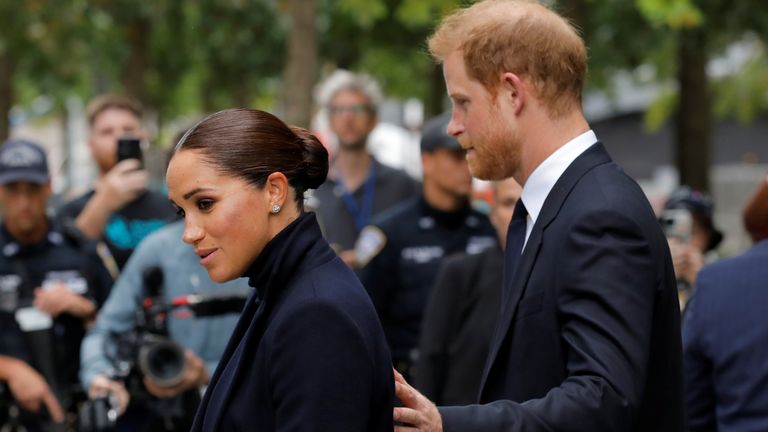 Britain&#39;s Prince Harry and Meghan, Duke and Duchess of Sussex, visit the 9/11 Memorial in Manhattan, New York City