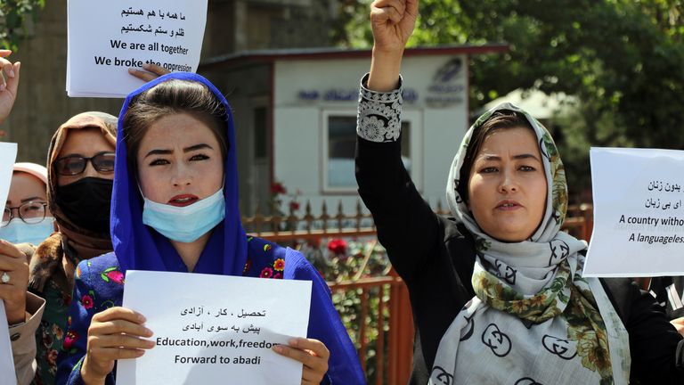 Afghan women gather during a protest march for their rights under the Taliban rule in the city of Kabul, Afghanistan, Friday, Sept. 3, 2021. 
PIC:  AP