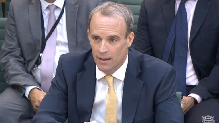 Foreign Secratary Dominic Raab giving evidence to the Commons Foreign Affairs Committee in London, about the Government&#39;s handling of the Afghanistan crisis