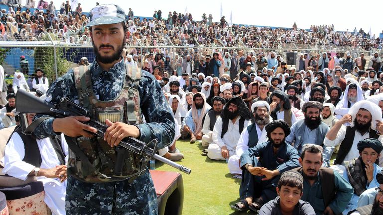 Supporters of Taliban gather to listen to Haji Mohammad Yousaf, the Taliban&#39;s governor for Kandahar province. pic: EPA-EFE/Shutterstock      